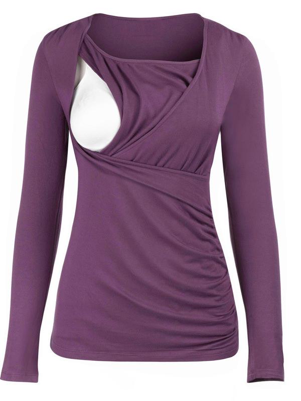 Solid Round Neck Draped Long Sleeve Nursing Maternity T-Shirt