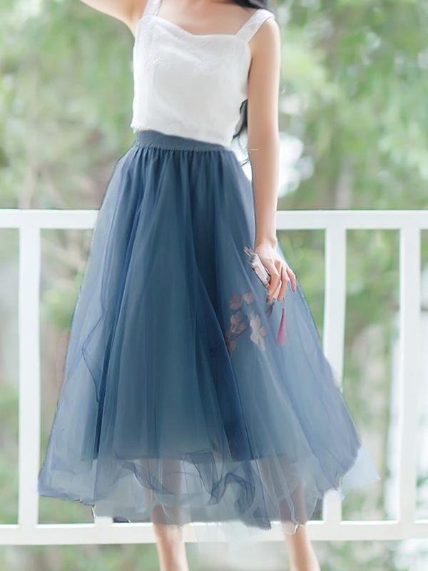 Floral Mesh Pleated High Waist Women Skirts Tulle Skirt Midi Skirt