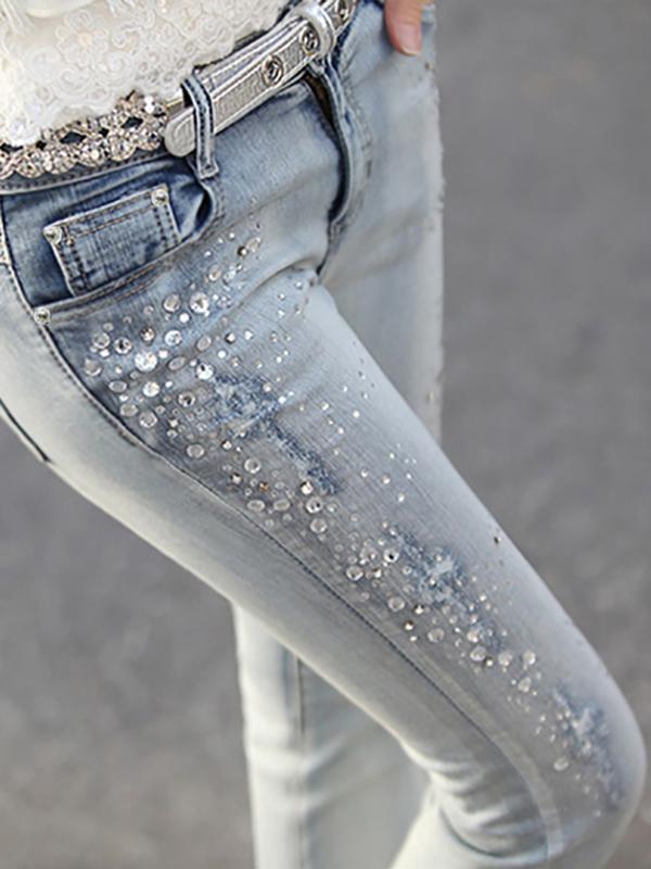 Light Blue Pockets Buttons Rhinestones Elastic Long Jeans Skinny Fashion Denim Pants Women