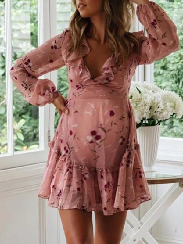 Flowers Tie Back Ruffle V-neck Long Sleeve Honey Girl Maternity Mini Dress