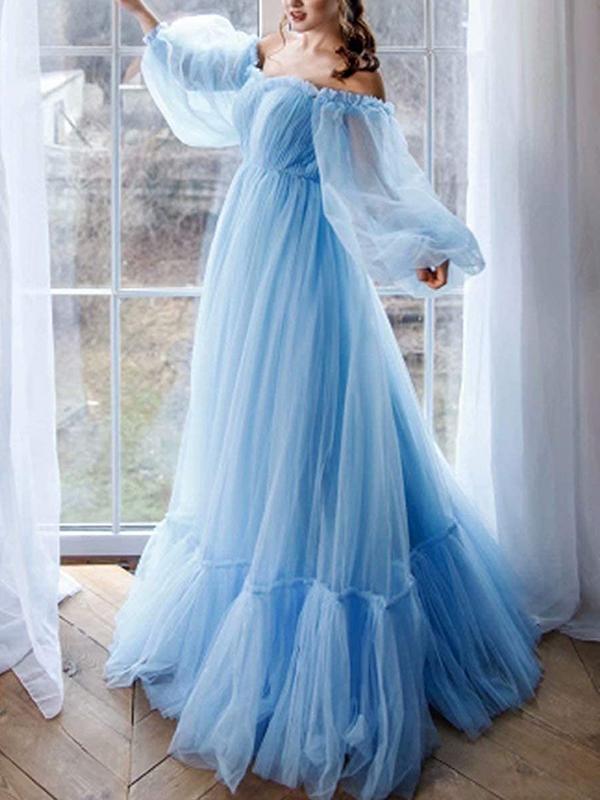 Seindeal Sky Blue Mesh Boat Neck Off Shoulder Long Sleeve Elegant Maxi Dress Ball Gown Evening Dress Tulle Dress