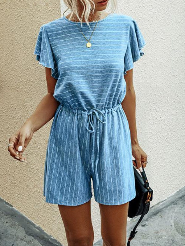 Round Neck Short Sleeve Striped Maternity short Jumpsuit