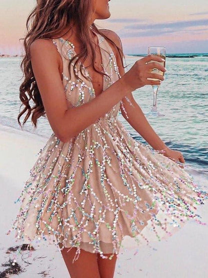 Seindeal Apricot Solid Color Sequins Backless Deep V Neck Sleeveless Women Mini Dresses Party Dress Sequin Dress Ball Gown