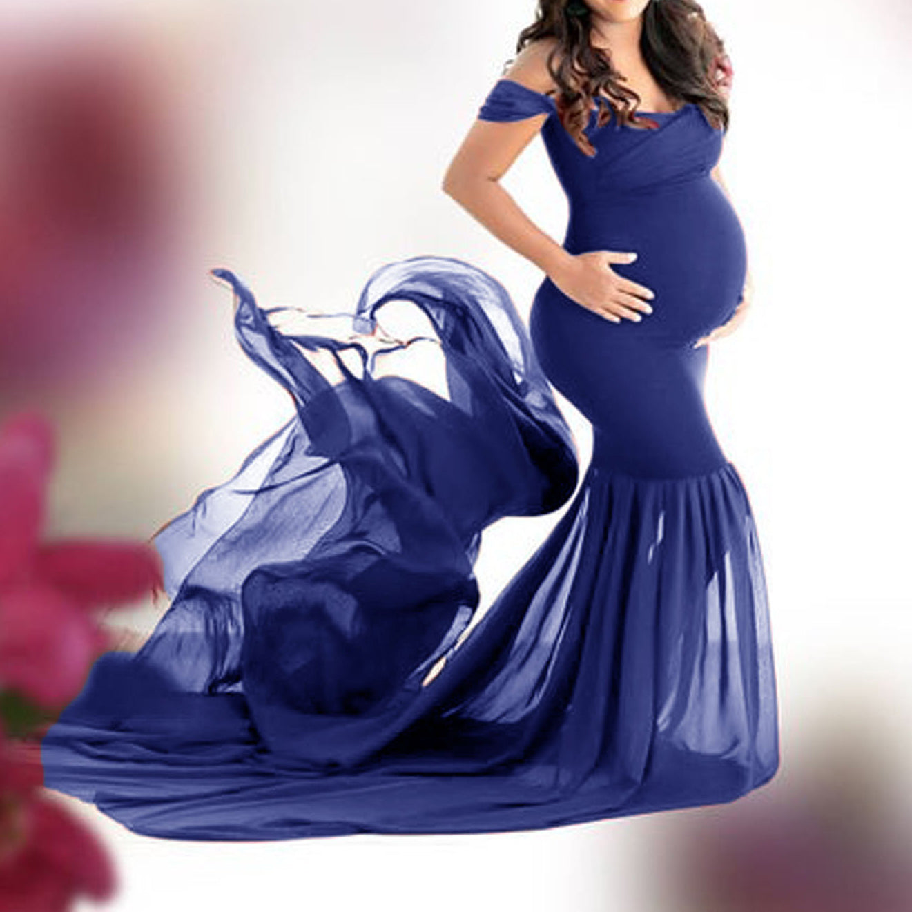 Seindeal Flowy Chiffon Draped Off-shoulder Baby Shower Red Maternity Dresses for Photoshoot