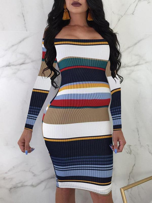 Striped Off Shoulder Fitted Long Sleeve Maternity Casual Sweater Midi Dress