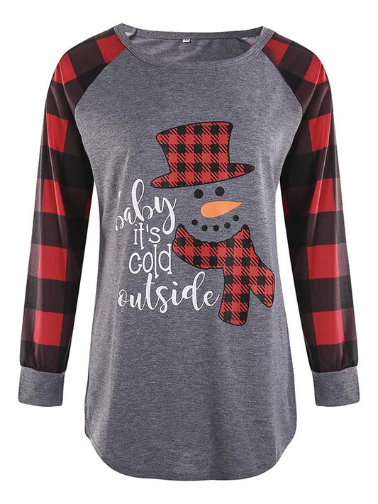 Plaid Snowman Letter Print Cute Christmas Maternity T-Shirt