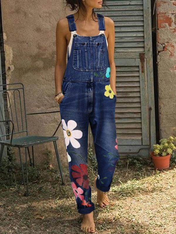 Seindeal Flowers button pockets with straps jeans jumpsuit denim dungarees women long jumpsuit