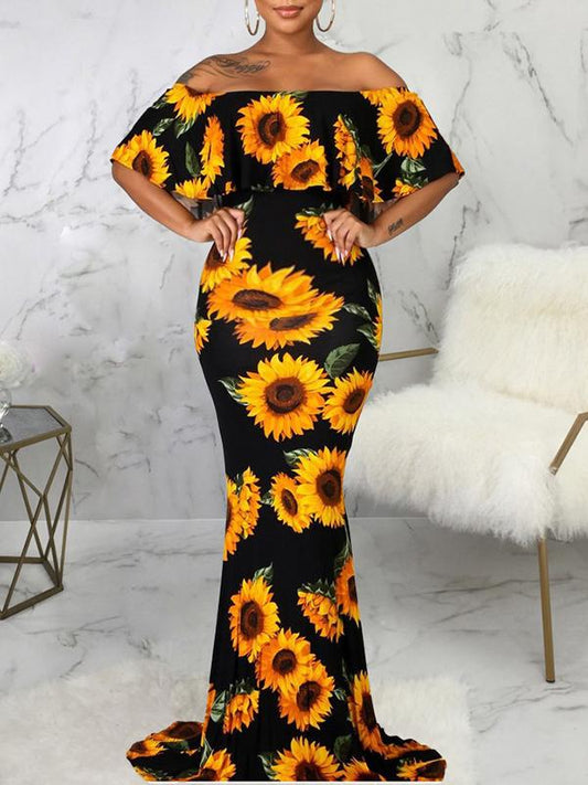 Seindeal Sunflowers Off Shoulder Ruffle Baby Shower Maternity Photoshoot Maxi Dress