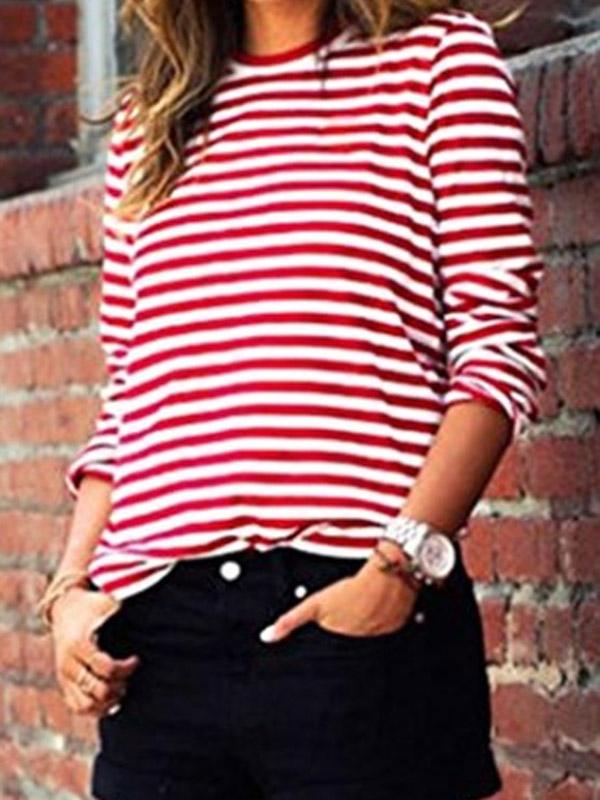 Red and White Striped Long Sleeve Round Neck Fall Casual T-Shirt Sweater Sweatshirt For Women