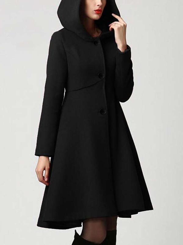 Seindeal Pockets long-sleeved elegant woolen coat with hood women flared winter coat outwear