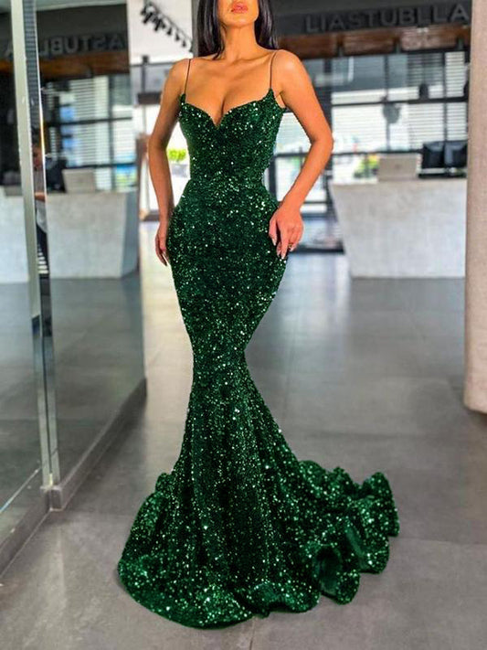 Glitter Tight Fishtail V-Neck Spaghetti Straps Women Maxi Dresses Sequin Dress Evening Dress