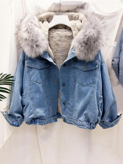 Seindeal Solid Pockets Fur Collar Long Sleeve Jacket Maternity Denim Coat