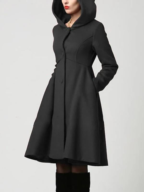 Seindeal Pockets long-sleeved elegant woolen coat with hood women flared winter coat outwear