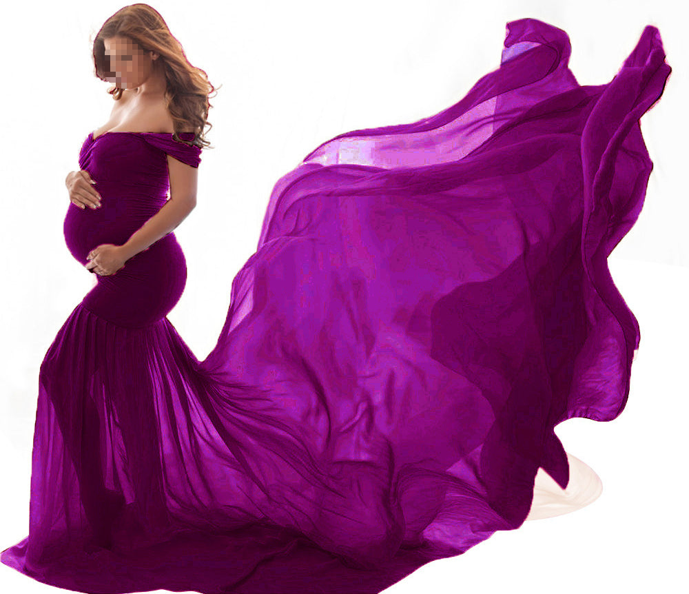 Seindeal Flowy Chiffon Draped Off-shoulder Baby Shower Red Maternity Dresses for Photoshoot