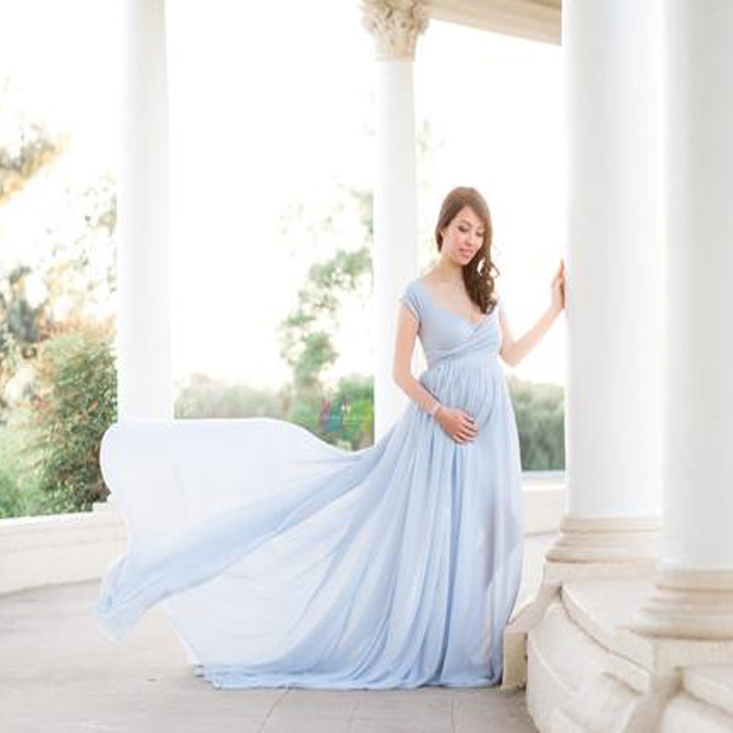 Seindeal Off Shoulder Chiffon Maternity Dress for Baby Shower PhotoShoot Flowy Maxi