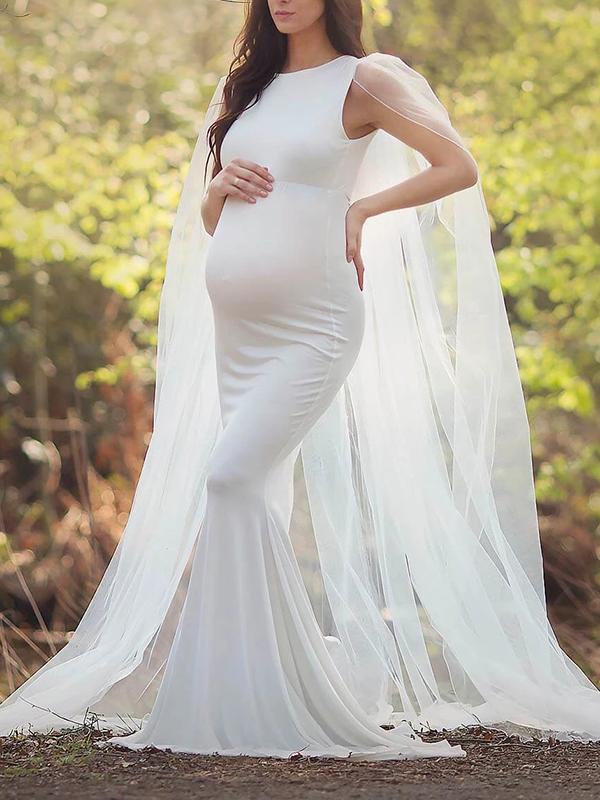 Seindeal Maxi Maternity Dress for Baby Shower Bodycon Mermaid Cloak White