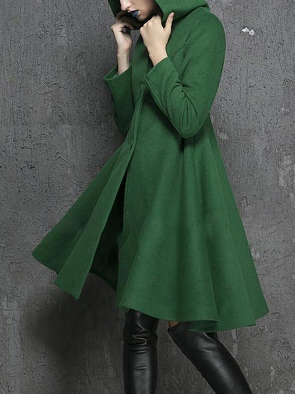 Seindeal Pockets long-sleeved elegant woolen coat with hood women flared winter coat outwear