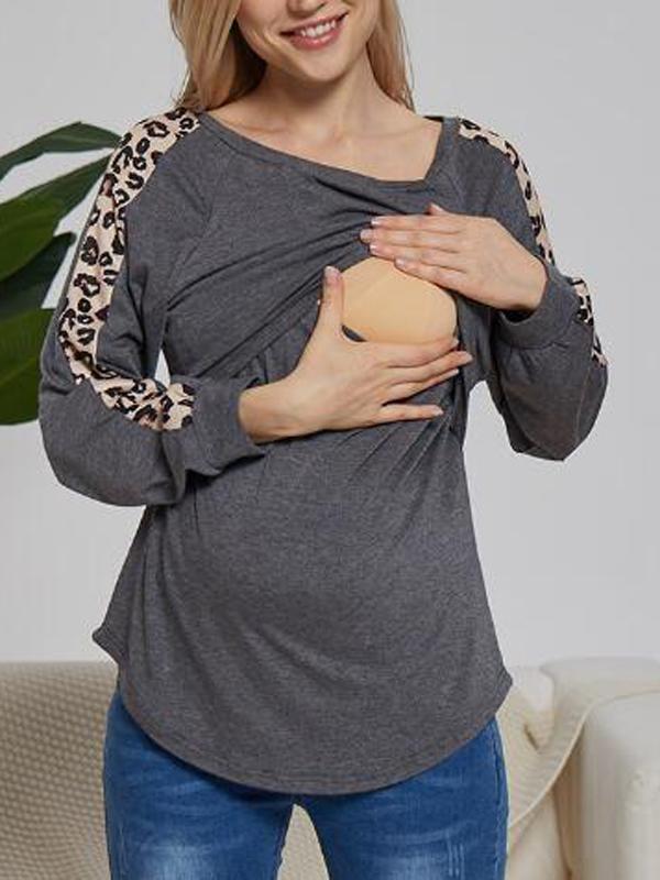 Seindeal Patchwork Leopard Print Nursing Breast-feeding Maternity T-shirt