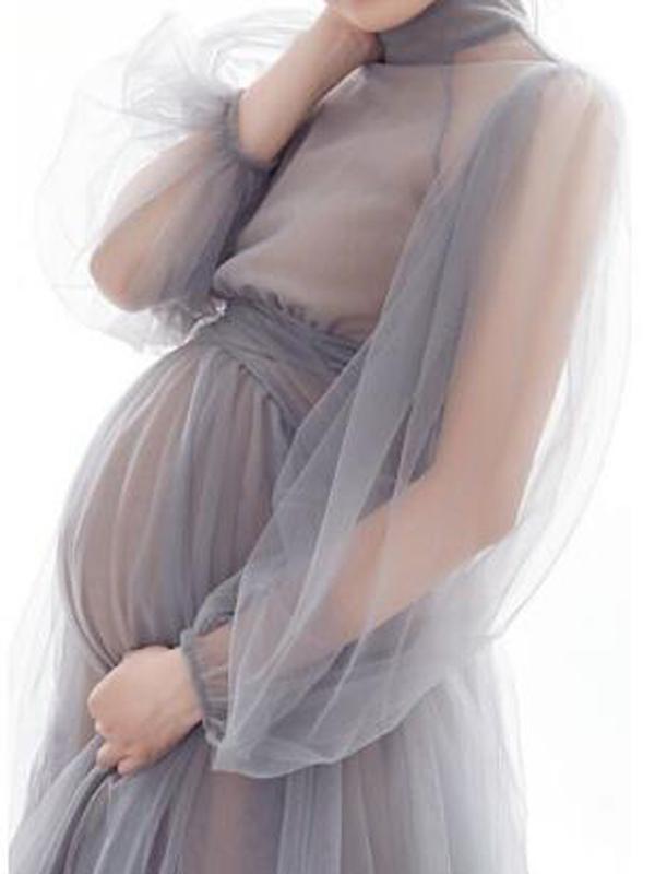 Seindeal Grenadine Sashes High Neck Lantern Sleeve Maternity Maxi Dress