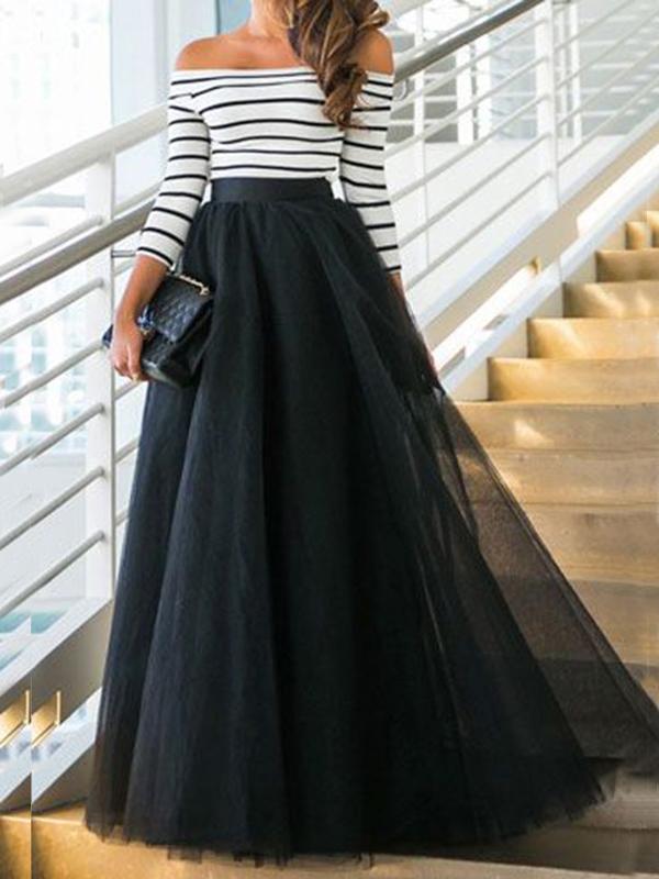 Seindeal Evening Dress Striped Off Shoulder Tulle Dress Maxi Dress