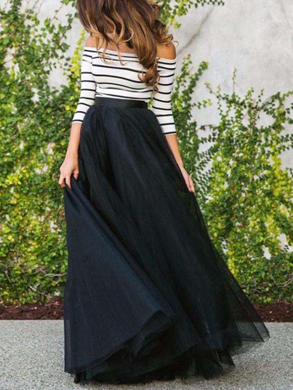 Seindeal Evening Dress Striped Off Shoulder Tulle Dress Maxi Dress