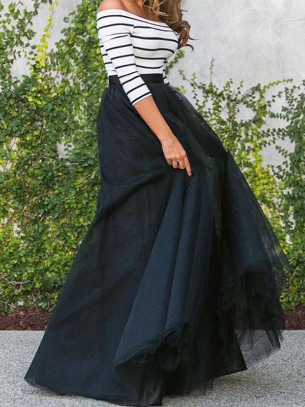 Seindeal Evening Dress Striped Off Shoulder Tulle Dress Maxi Dress