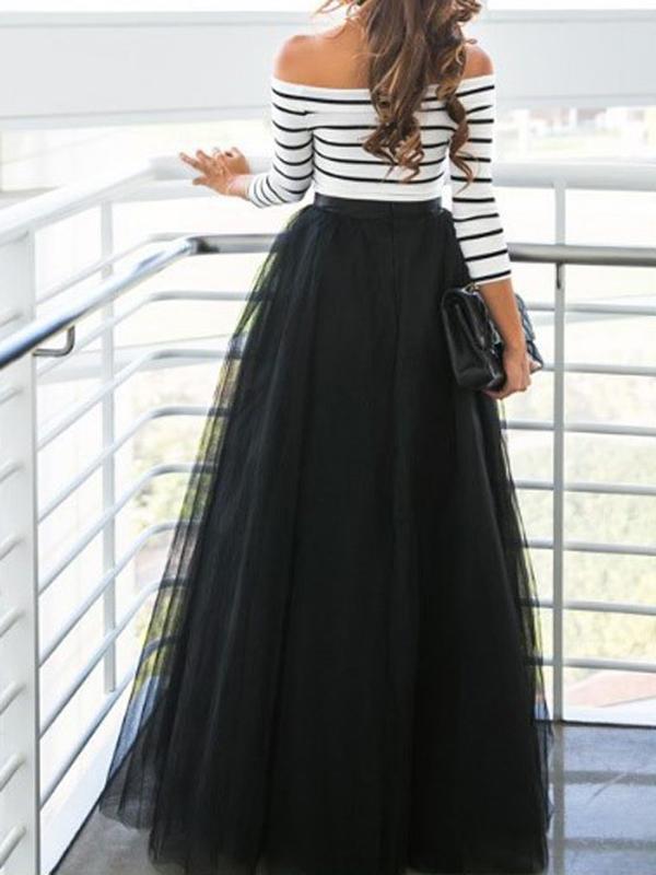 Seindeal Evening Dress Striped Off Shoulder Tulle Dress Maxi Dress