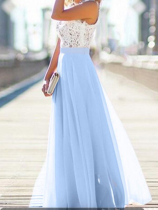 Light blue lace round neck sleeveless beautiful a-line maxi dress women casual dress