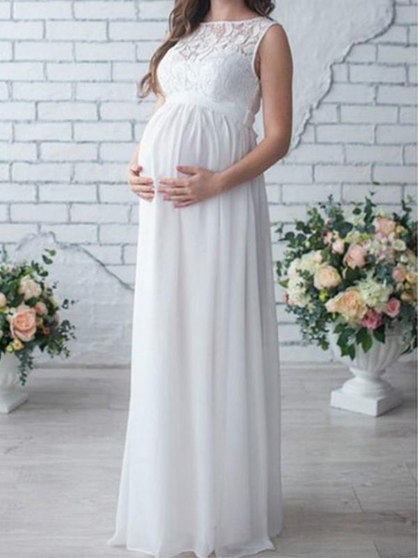 Seindeal Patchwork Lace Belt Elegant Maternity Maxi Dress for Wedding Guest White Halloween