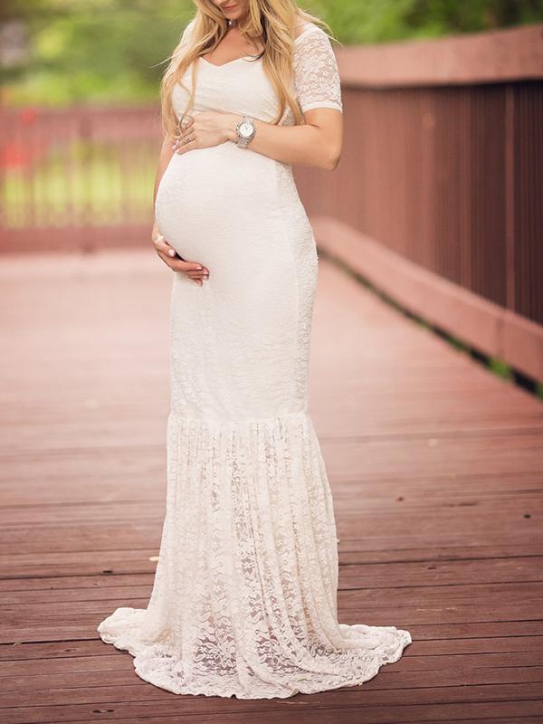 Seindeal Lace Draped Off Shoulder Short Sleeve Maternity Photoshoot Maxi Dress