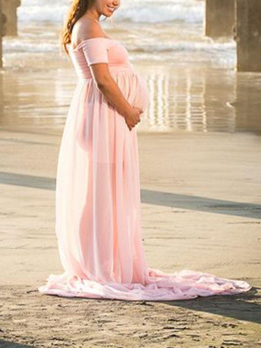 Front Slit Bandeau Off Shoulder Draped Maternity Maxi Dress