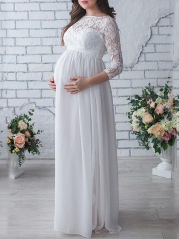 Lace Chiffon Draped Belt Baby Shower Maternity Maxi Dress