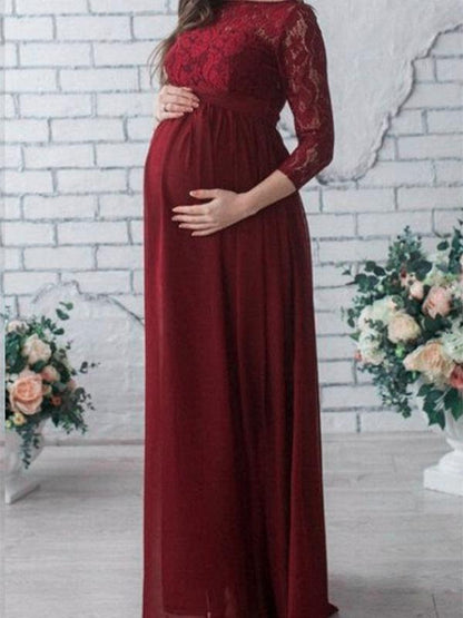 Lace Chiffon Draped Belt Baby Shower Maternity Maxi Dress