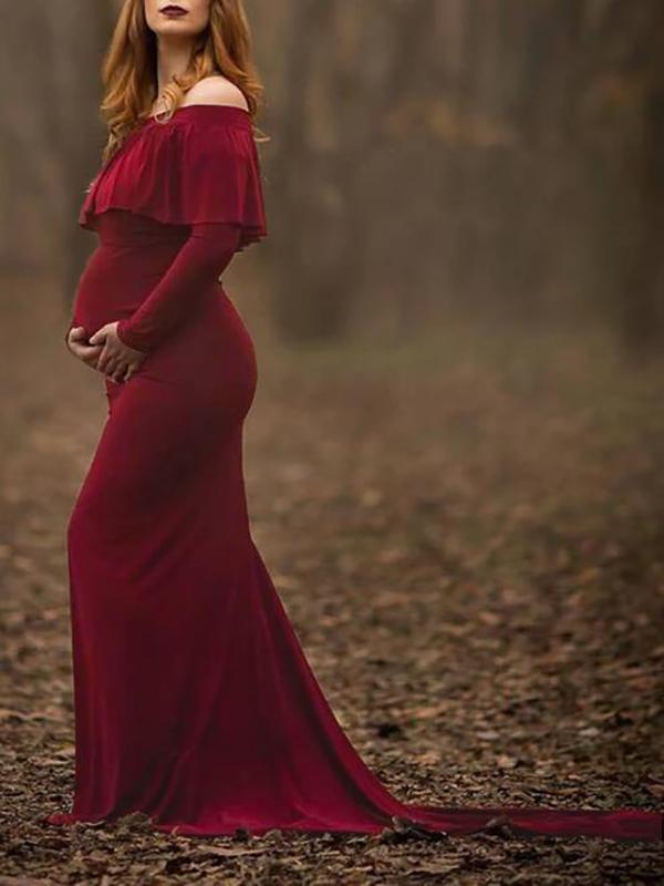 Seindeal Ruffle Off Shoulder Long Sleeve Maternity Maxi Dress