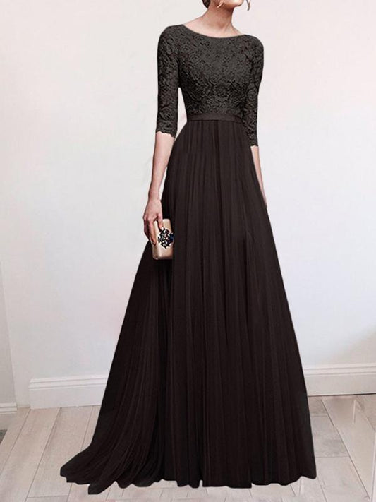 Solid Color Pleated Lace Round Neck Half-Length Women Maxi Dresses Elegant Dress Party Dress Evening Dress Ball Gown