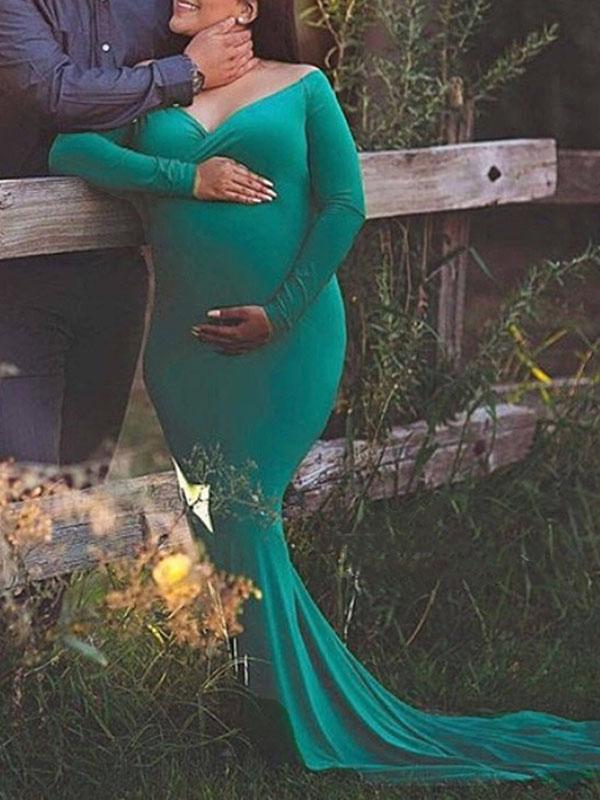 Draped Off Shoulder Maternity Photoshoot Elegant Maxi Dress