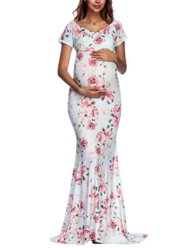 Flower Print Off Shoulder Mermaid Maternity For Babyshower Maxi Dress