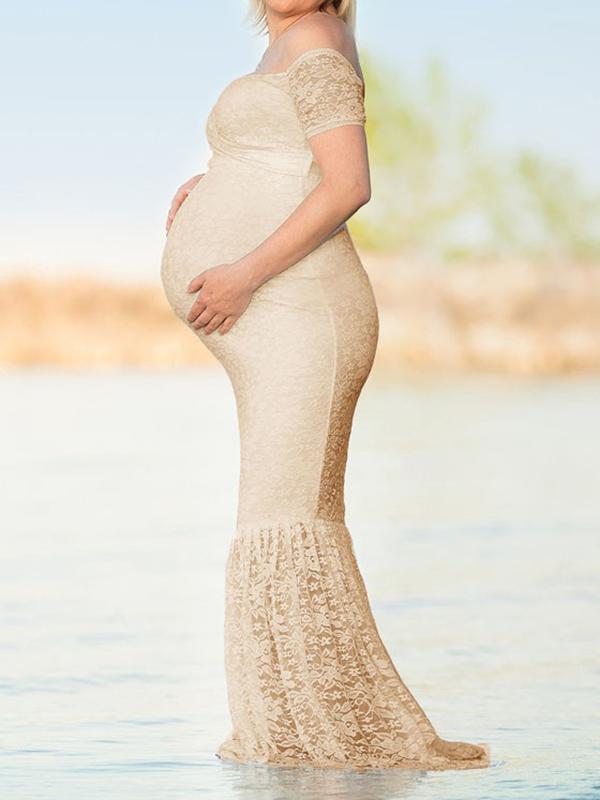 Lace Draped V-neck Maternity For Babyshower Elegant Party Maxi Dress