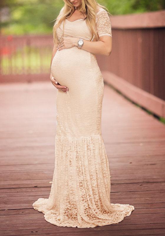 Lace Draped V-neck Maternity For Babyshower Elegant Party Maxi Dress