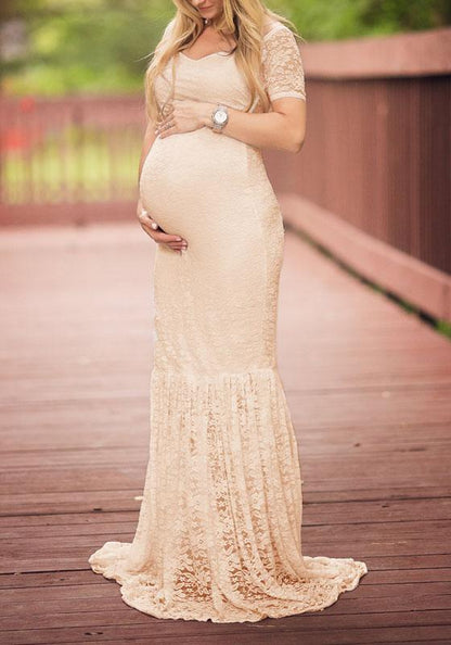 Lace Draped V-neck Maternity For Babyshower Elegant Party Maxi Dress