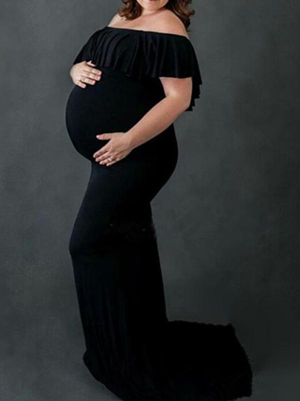 Black Ruffle Off Shoulder Mermaid Maternity Babyshower Elegant Maxi Dress