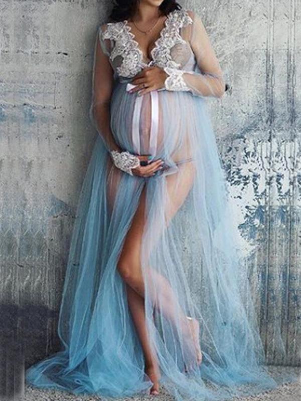 Lace Grenadine Slit For Babyshower Maternity Maxi Dress