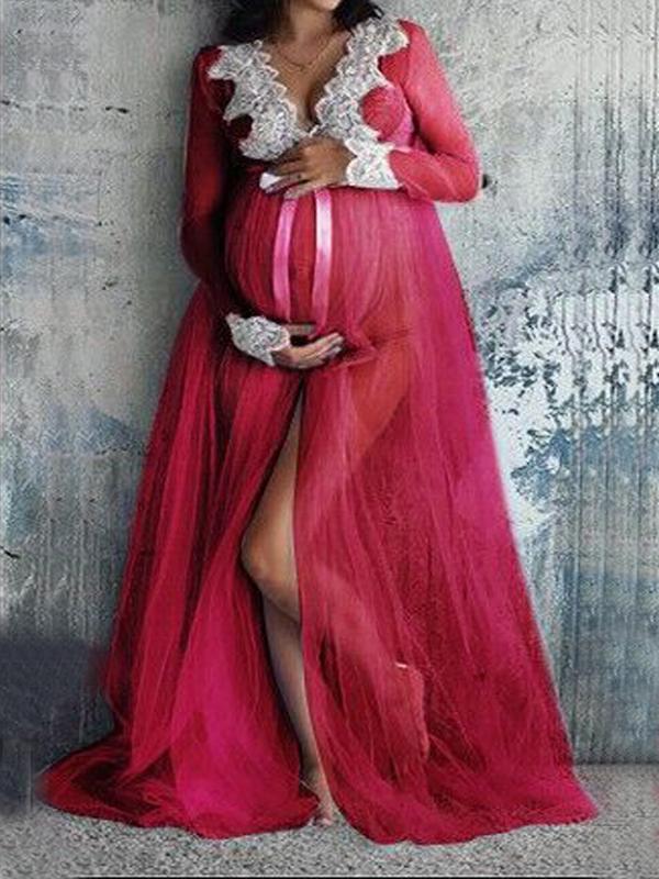 Lace Grenadine Slit For Babyshower Maternity Maxi Dress