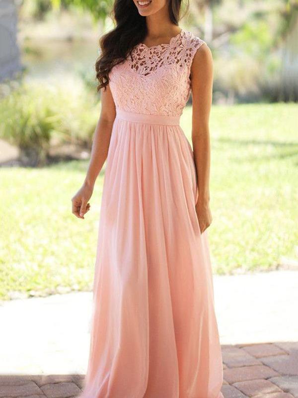 Pink Lace Pleated Backless Sleeveless Elegant Maxi Dress For Wedding Guests Evening Dress