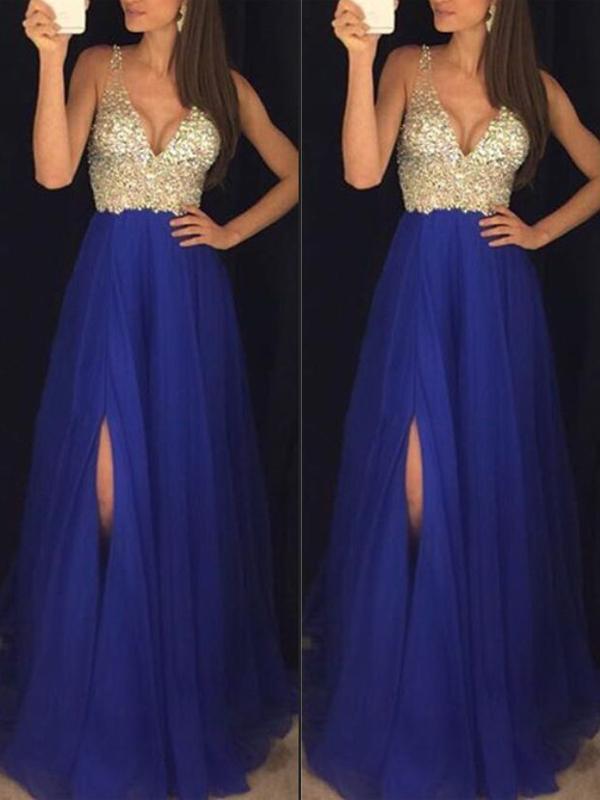 Sequin Side Slit V Neck Sleeveless Women Maxi Dresses Party Ball Gown