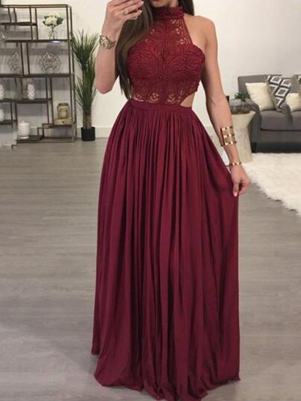 Lace Backless Halter Sleeveless Women Maxi Dresses Party Dress Evening Dress Ball Gown