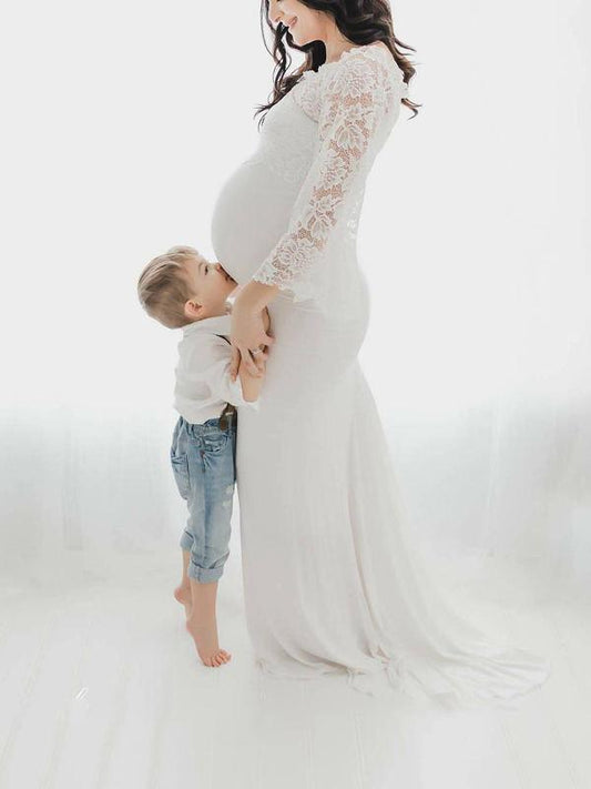 Seindeal Wedding Lace Off Shoulder Mermaid Photoshoot Bell Sleeve Maternity Dress