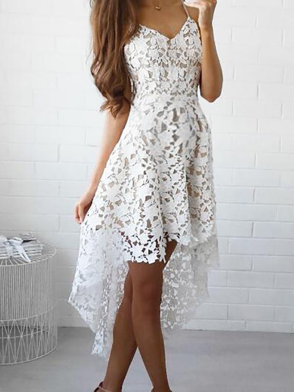 Floral Lace Irregular Bridesmaid White Maternity Spaghetti Strap Backless Elegant Midi Dress