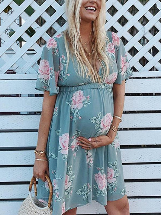 Floral Print Draped Pleated V-neck Short Sleeve Casual Midi Dress