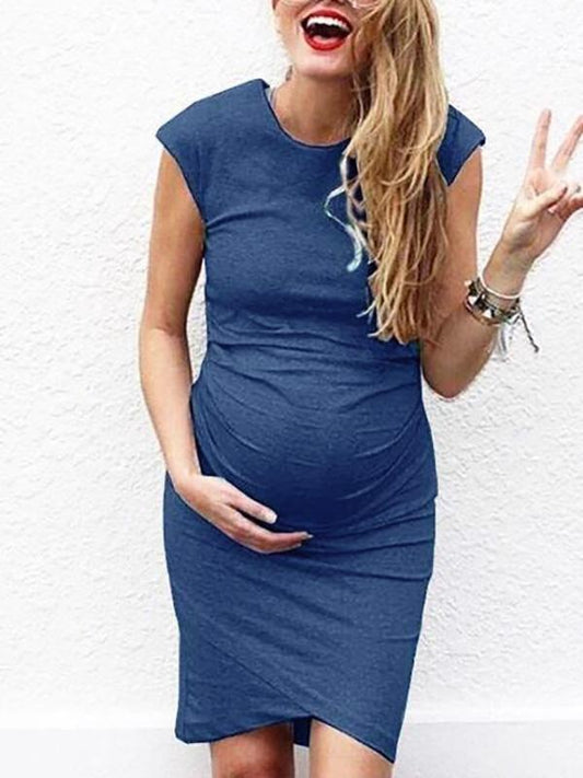 Round Neck Short Sleeve Maternity Casual Midi Dress